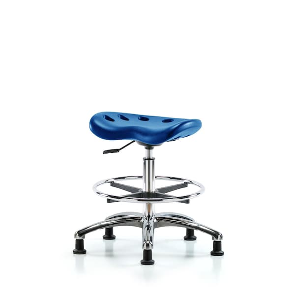 Poly Tractor Stool Chrome, Med Bench, Foot Ring, Glides, Blue