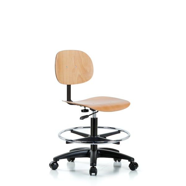 Chair, Wood, Med Bench, CF Casters, Wood, Chrome, 17-1/2" to 25-1/4" Seat Height, Rolling
