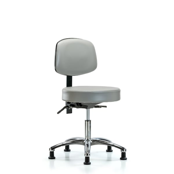 Vinyl Stool, Back Chrome, Desk, Glides, Sterling