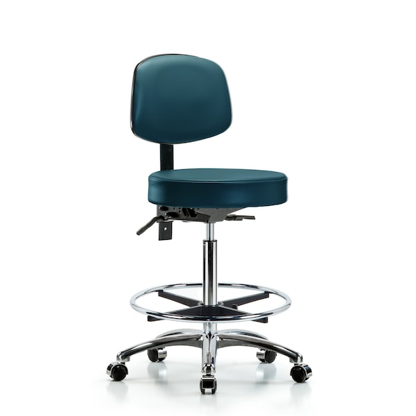 Vinyl Stool, Back, Chrome, High Bench, Foot Ring, Casters, Royal