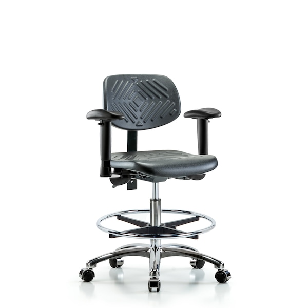 Chair, Poly, Med Bench, Chrome AA CF Cast, 6-Way Adjustable, 19-1/2" to 27-1/2" Height, Black; Blue