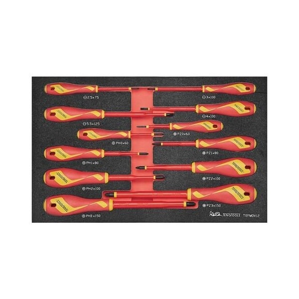 12 Piece 1000 Volt Insulated Flat, Phillips Ph, Pozidriv Pz Screwdriver Eva Foam Tray