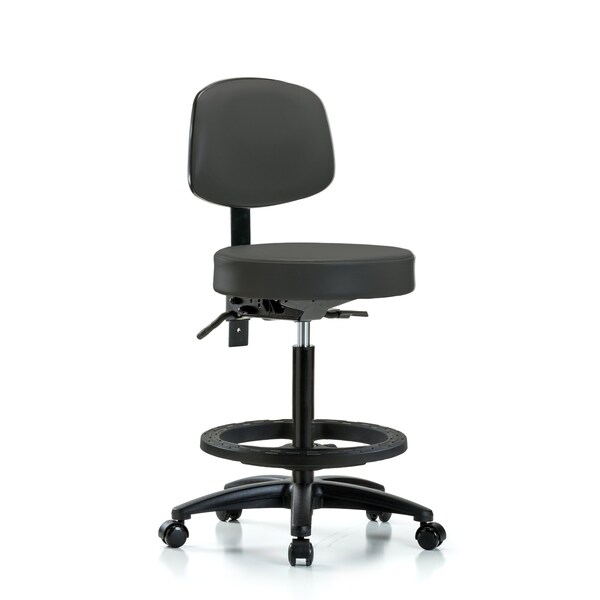 Vinyl Stool with Back-High Bench Height with Black Foot RingandCasters in Charcoal Trailblazer Vinyl