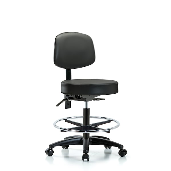 Vinyl Stool, Back, Med Bench, Foot Ring, Casters, Carbon