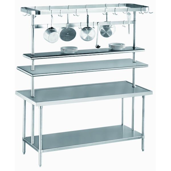 Overshelf, table mounted, single, 108 in.W x 10 in.D, stainless steel, uprights of shelf