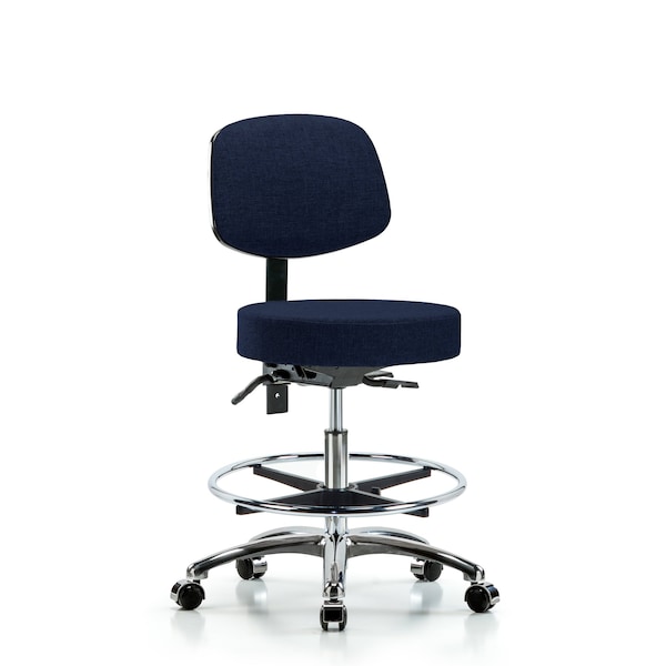 Rutledge Fab Stool with Back Chrome - Med Bench Height with Chrome Foot Ring and Casters in Navy Fab