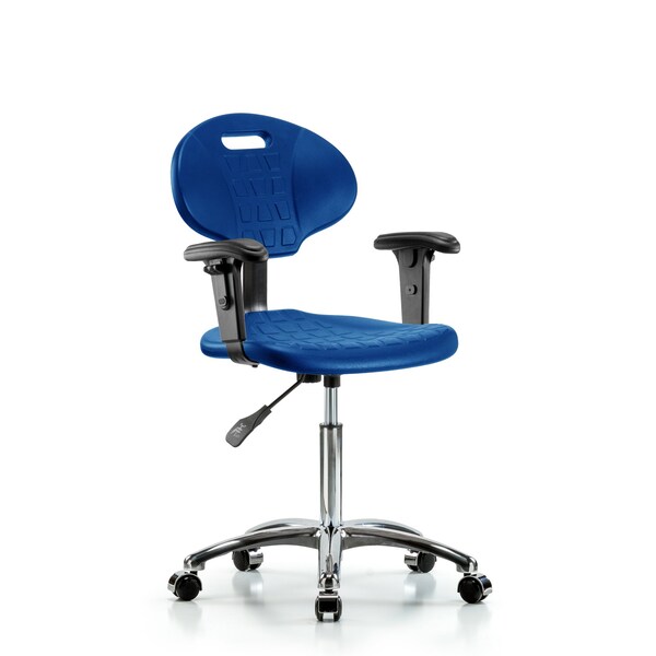 Erie Poly Chair Chrome, Med Bench, Arms, Chrome Casters, Blue