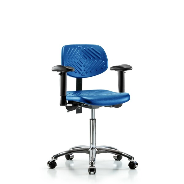 Poly Chair Chrome, Med Bench, Arms, Casters, Blue