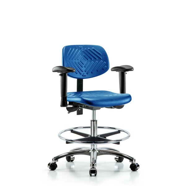 Poly Chair Chrome, Med Bench, Tilt, Arms, Foot Ring, Casters, Blue