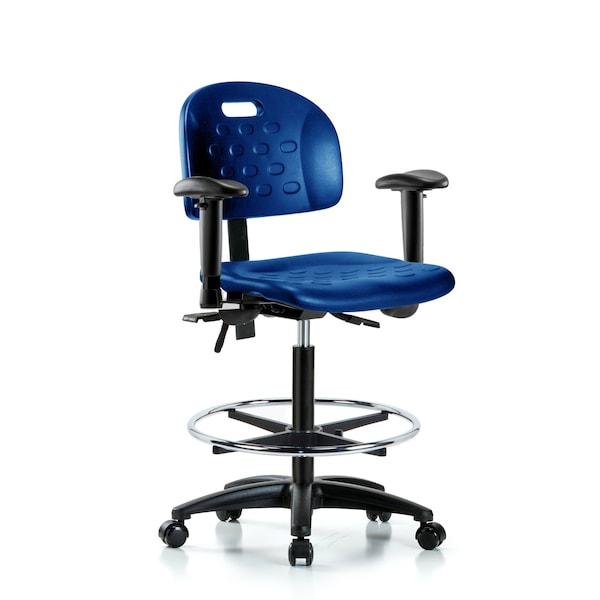 Poly Chair, High Bench, Tilt, Arms, Foot Ring, Casters, Blue