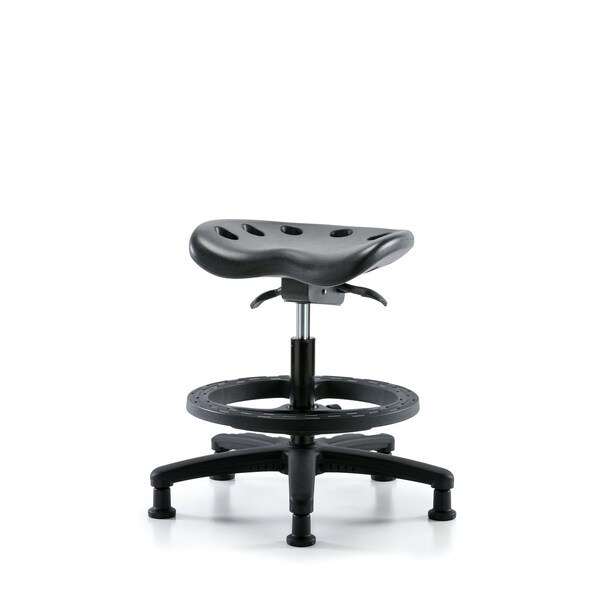 Poly Tractor Sit-Stand Stool, Med Bench, Foot Ring, Glides, Black