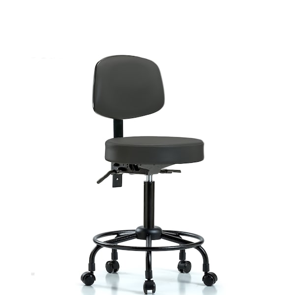 Med Bench Stool, Vinyl, Bk, RT, Casters, Gry