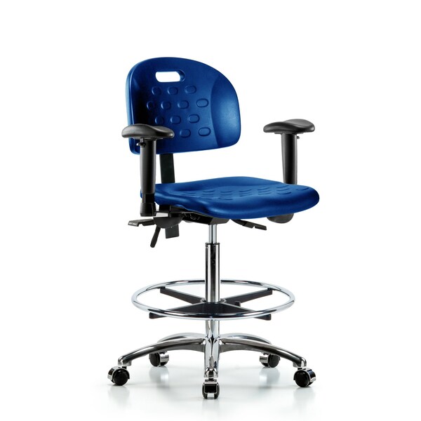 Poly Chair Chrome, High Bench, Arms, Foot Ring, Casters, Blue