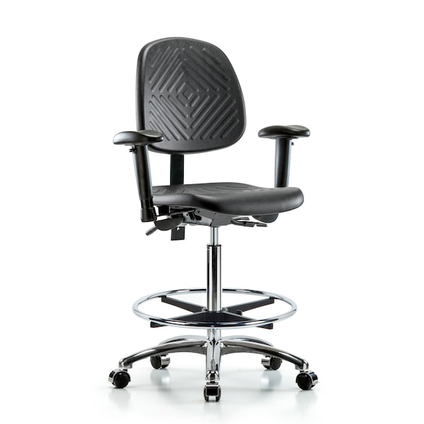 Bench Chair, Poly, Hi, Med Bk, CF, Cast, 6-Way Adjustable, 24-1/2" to 33-1/2" Height, Blue, Black