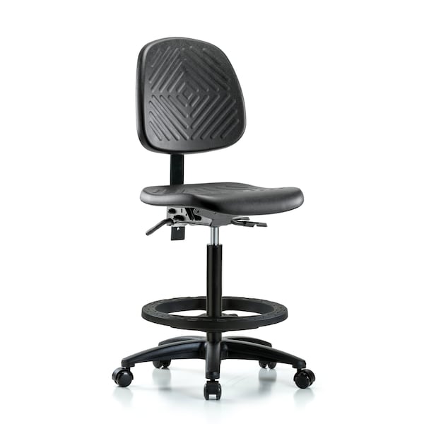 Bench Chair, Hi, Poly, Med, Bk, BF Casters, No Arms, 24-1/2" to 33-1/2" Height, Blue, Black