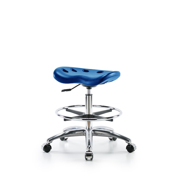 Poly Tractor Stool Chrome, Med Bench, Foot Ring, Chrome Casters, Blue