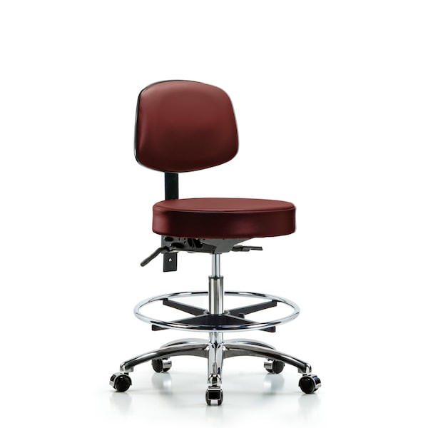 Vinyl Stool, Back Chrome, Med Bench, Foot Ring, Casters, Taupe
