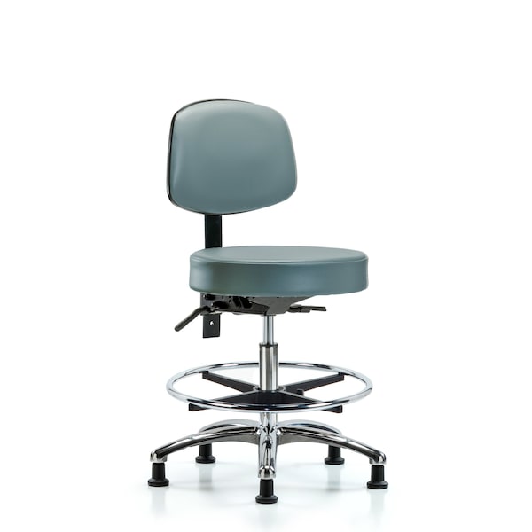 Vinyl Stool, Back, Chrome, Med Bench, Tilt, Foot Ring, Glides, Storm