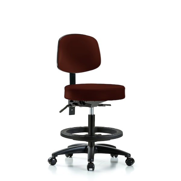 Vin Stool with Back-Medium Bench Height with Black Foot Ring and Casters in Burgundy Trailblazer Vin