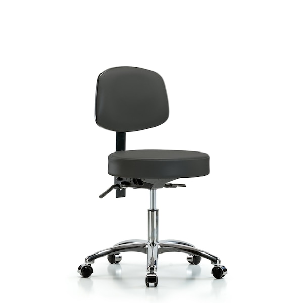 Desk Stool, Vinyl, Bk, Chrome, Casters, Gry