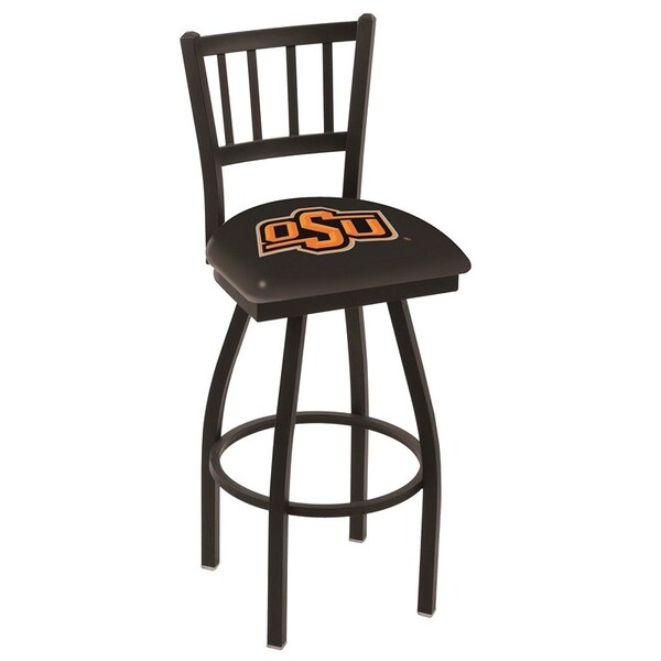 25" Blk Wrinkle Oklahoma State Swivel Bar Stool, Jailhouse Back