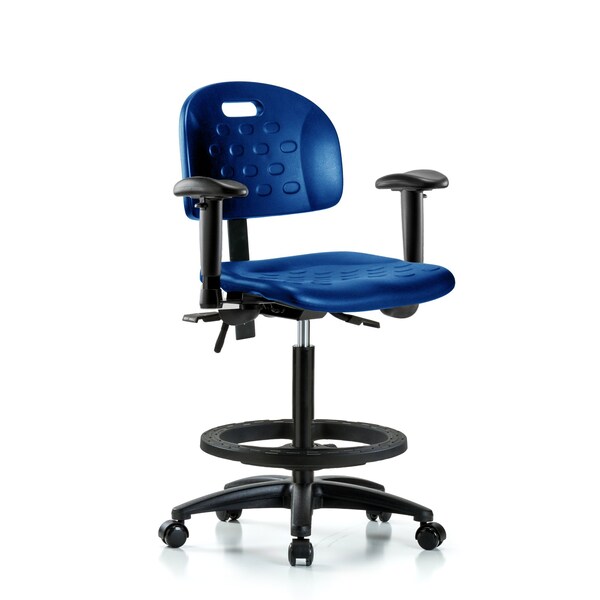 Poly Chair, High Bench, Tilt, Arms, Foot Ring, Casters, Blue