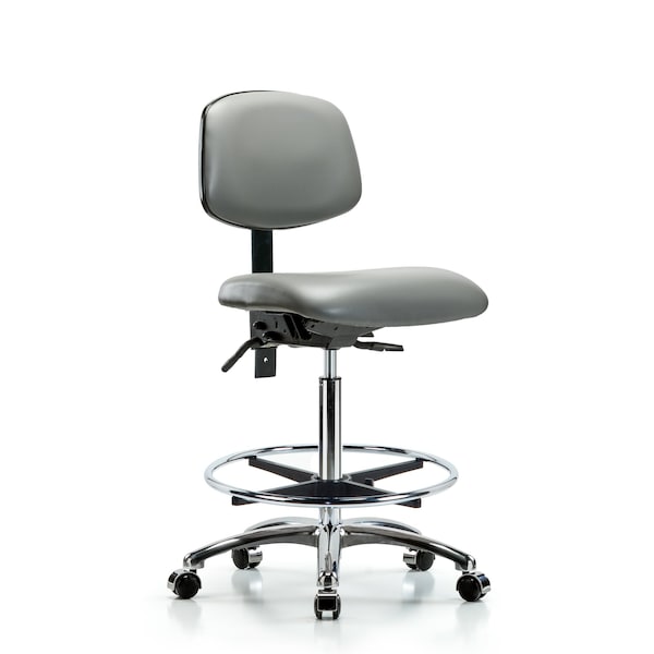 Vinyl Chair Chrome, High Bench, Tilt, Foot Ring, Casters, Sterling