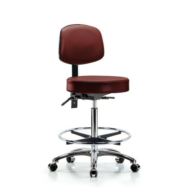 Vinyl Stool, Back, Chrome, High Bench, Tilt, Foot Ring, Casters, Taupe