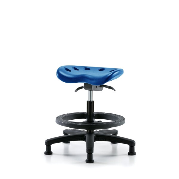 Poly Tractor Sit-Stand Stool, Med Bench, Foot Ring, Glides, Blue