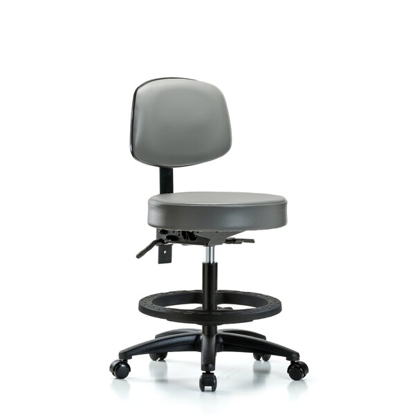 Vinyl Stool, Back, Med Bench, Foot Ring, Casters, Sterling