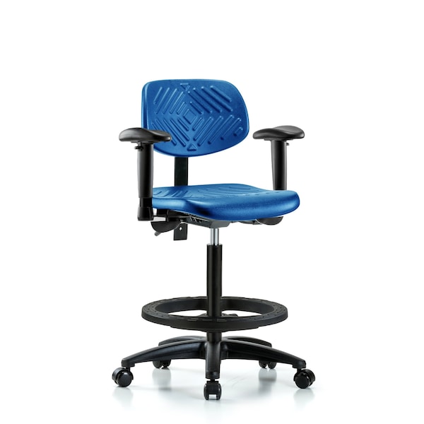 Poly Chair, High Bench, Arms, Foot Ring, Casters, Blue