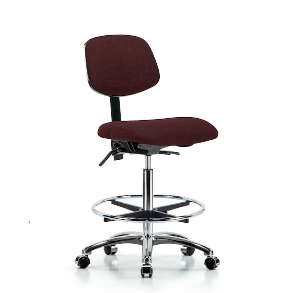 Chair, Fabric, Hi Bench, Chr CF Casters, Bur, No Arms, 26" to 35-1/2" Height, Burgundy