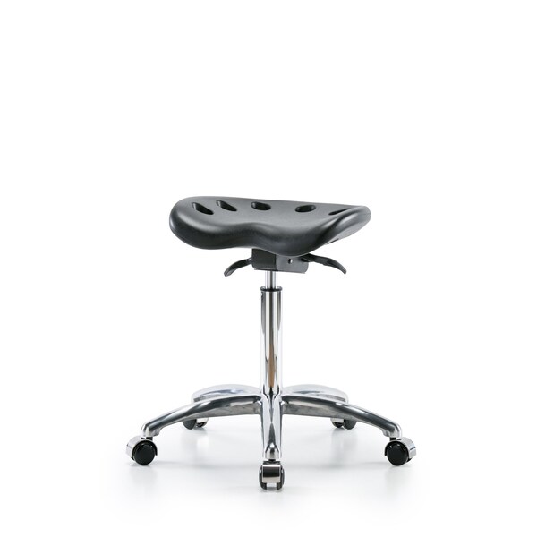 Poly Tractor Sit-Stand Stool Chrome, Med Bench, Chrome Casters, Black
