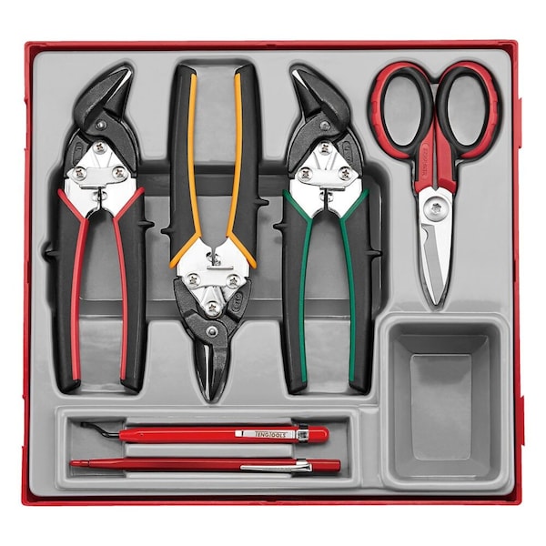6 Piece High Leverage Mini Tin Snip, Scissor, Scriber & Deburring Tool Tray