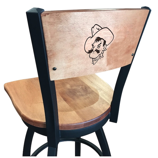 25" Blk Wrinkle Oklahoma State Swivel Bar Stool, Laser Engraved Back