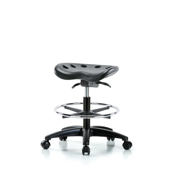 Poly Tractor Sit-Stand Stool, Med Bench, Foot Ring, Chrome Casters, Black