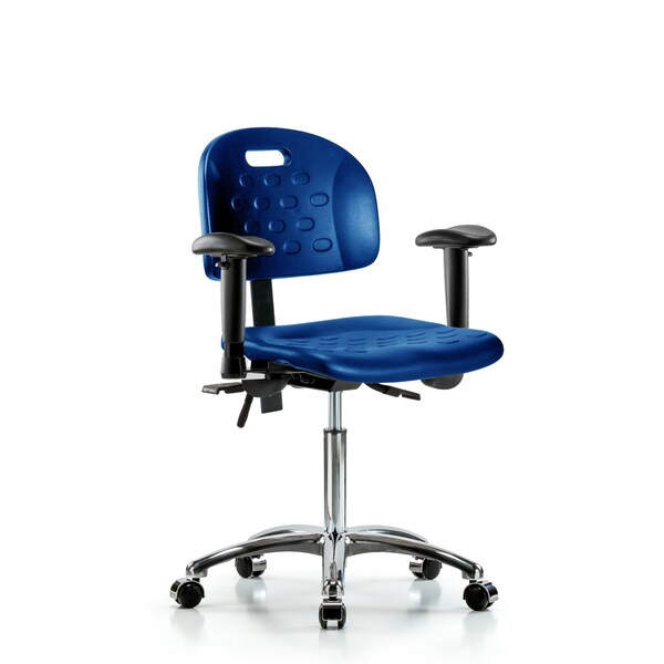 Poly Chair Chrome, Med Bench, Arms, Casters, Blue