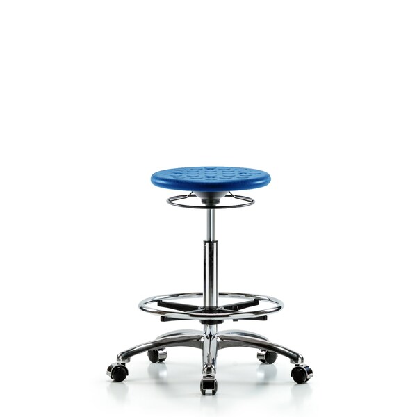Huron Poly Stool Chrome, High Bench, Foot Ring, Casters, Blue