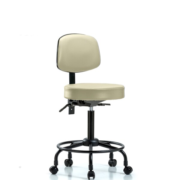 Med Bench Stool, Vinyl, Bk, RT, Casters, Wht
