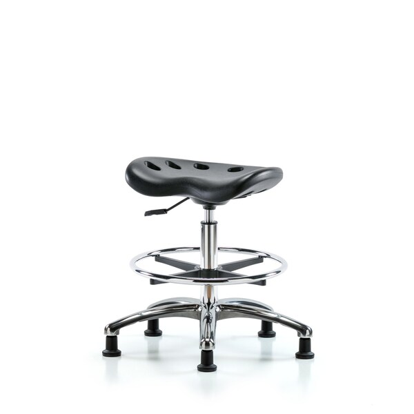 Poly Tractor Stool Chrome, Med Bench, Foot Ring, Glides, Black