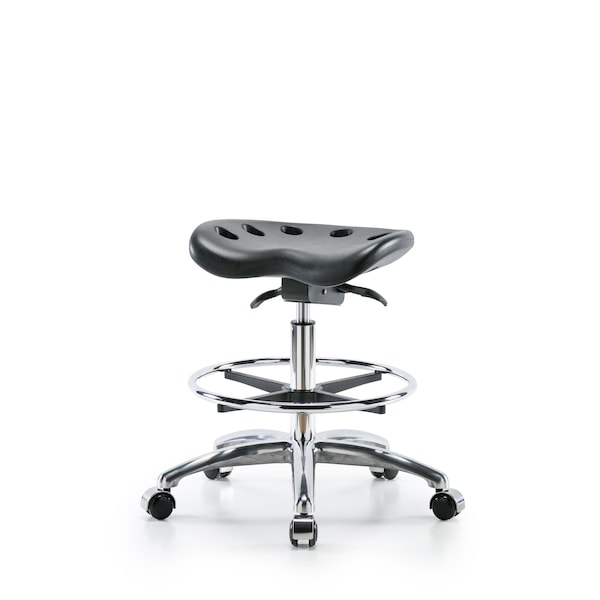 Poly Tractor Sit-Stand Stool, Med Bench, Foot Ring, Chrome Casters, Black