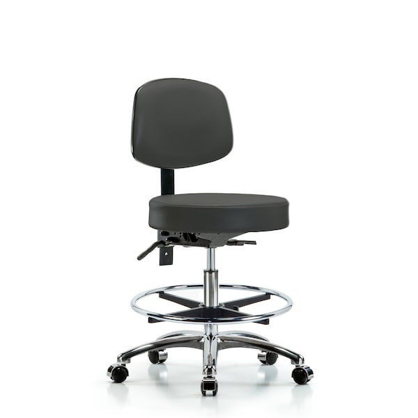 Vin Stool with Back Chr-Med Bench Ht with Seat Tilt, Chr FR, andCasters in Charcoal Trailblazer Vin