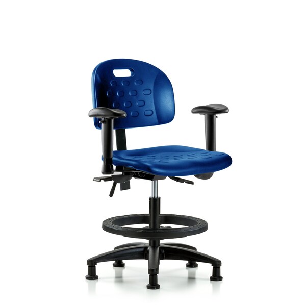 Poly Chair, Med Bench, Arms, Foot Ring, Glides, Blue