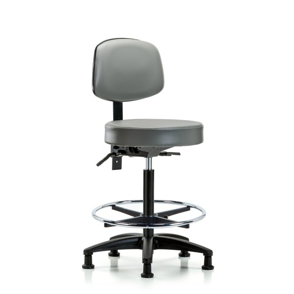 Vinyl Stool, Back, High Bench, Tilt, Foot Ring, Glides, Sterling