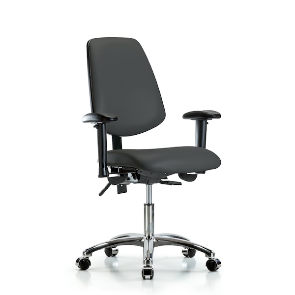 Desk Chair Desk Chair, Vinyl, Med, Bk, Chrm, AA, Cast, Gry, Adjustable Arms, 18" to 23" Height, Vinyl