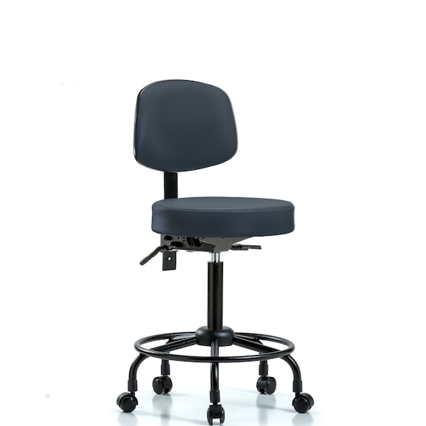 Med Bench Stool, Vinyl, Bk, RT, Casters, Navy