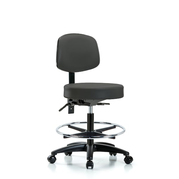 Bench Stool, Med, Vinyl, Bk, CF, Casters, Gry