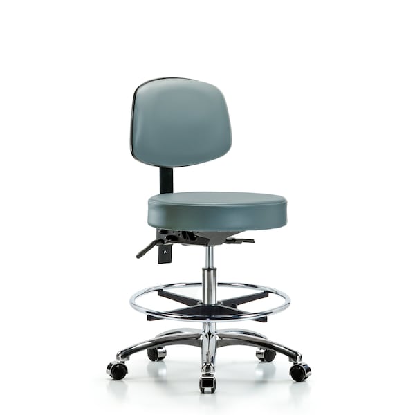 Vinyl Stool, Back Chrome, Med Bench, Foot Ring, Casters, Storm