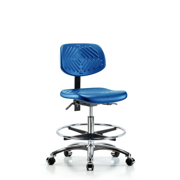 Poly Chair Chrome, Med Bench, Foot Ring, Casters, Blue