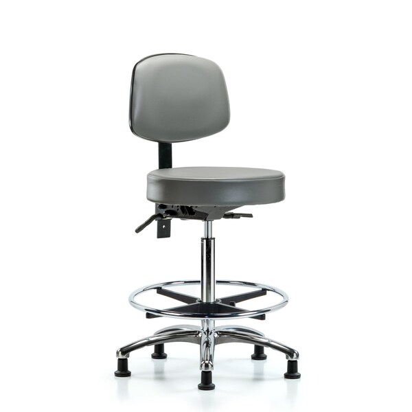 Vinyl Stool, Back, Chrome, High Bench, Foot Ring, Glides, Sterling